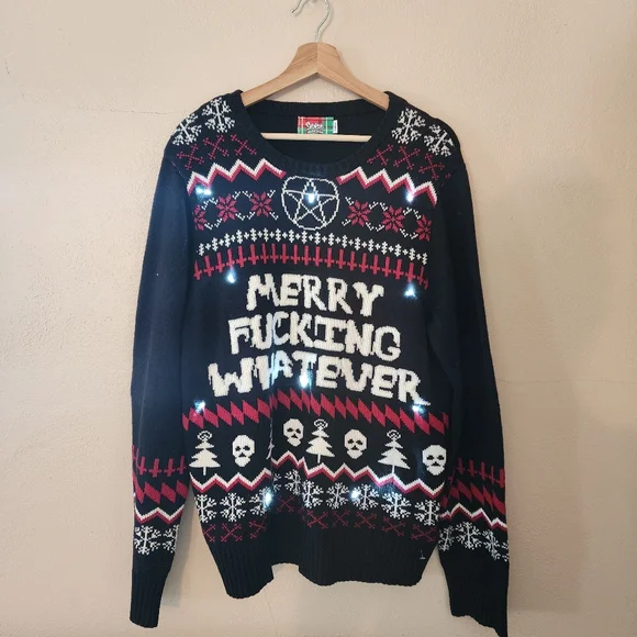 Spencer's Merry Fucking Whatever Pentagram Skull Light Up Ugly Christmas  Sweater